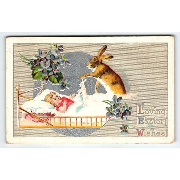 Vintage 1910 Embossed Easter Postcard Baby & Bunny in Bed White Rabbit Embossed - Picture 1 of 2